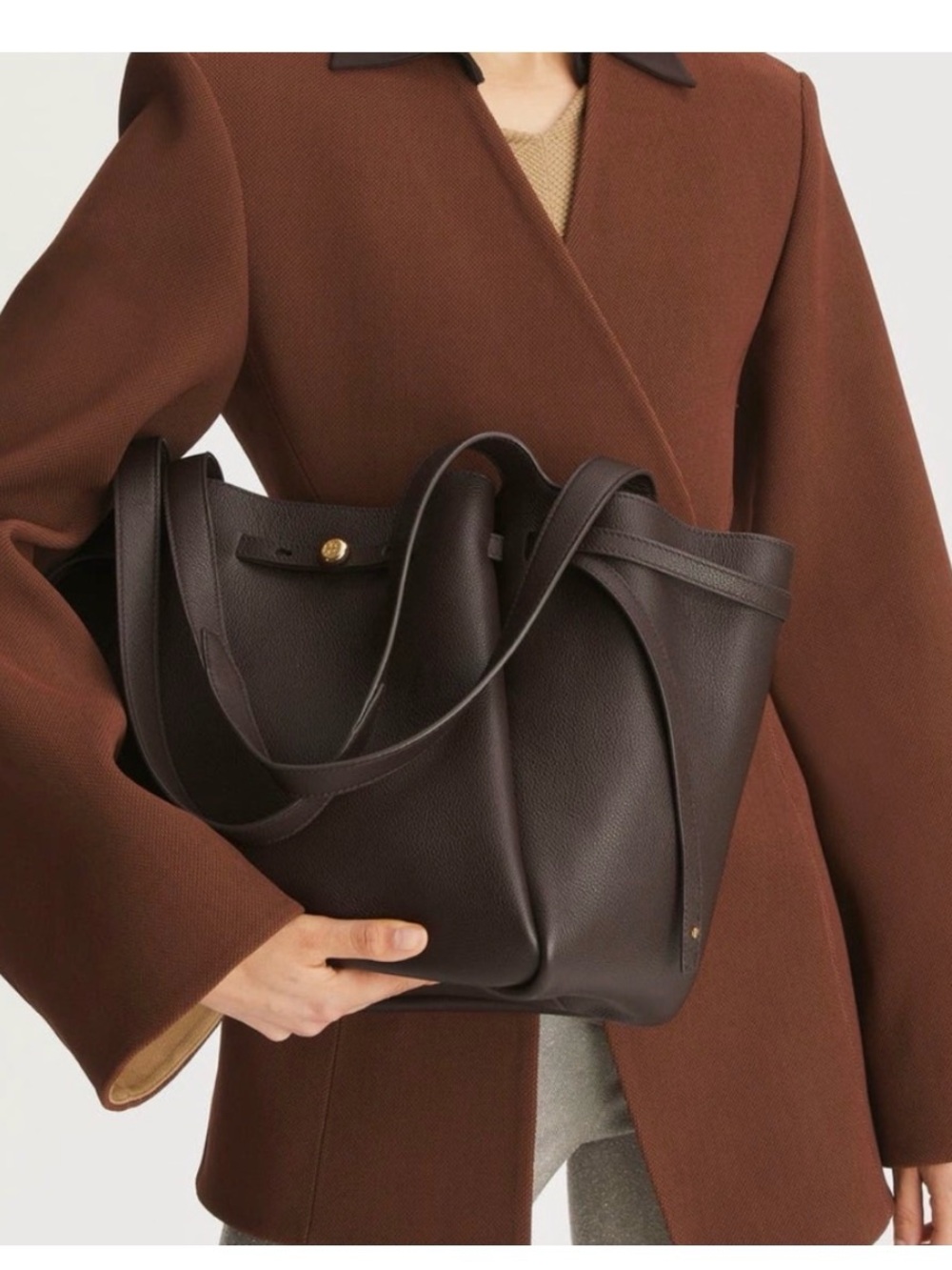 NWT Tory Burch Large Romy Leather Tote Bag, Deep Brown Leather - Picture 6 of 16